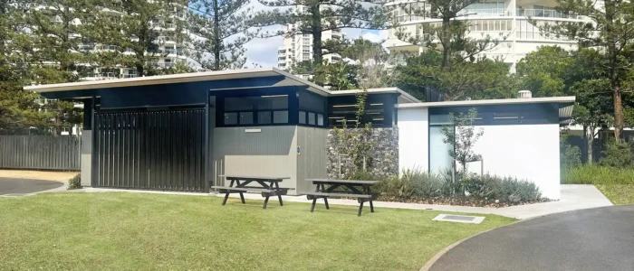 Modern public amenities building at Main Beach, Gold Coast with insulated ARCPANEL roofing system
