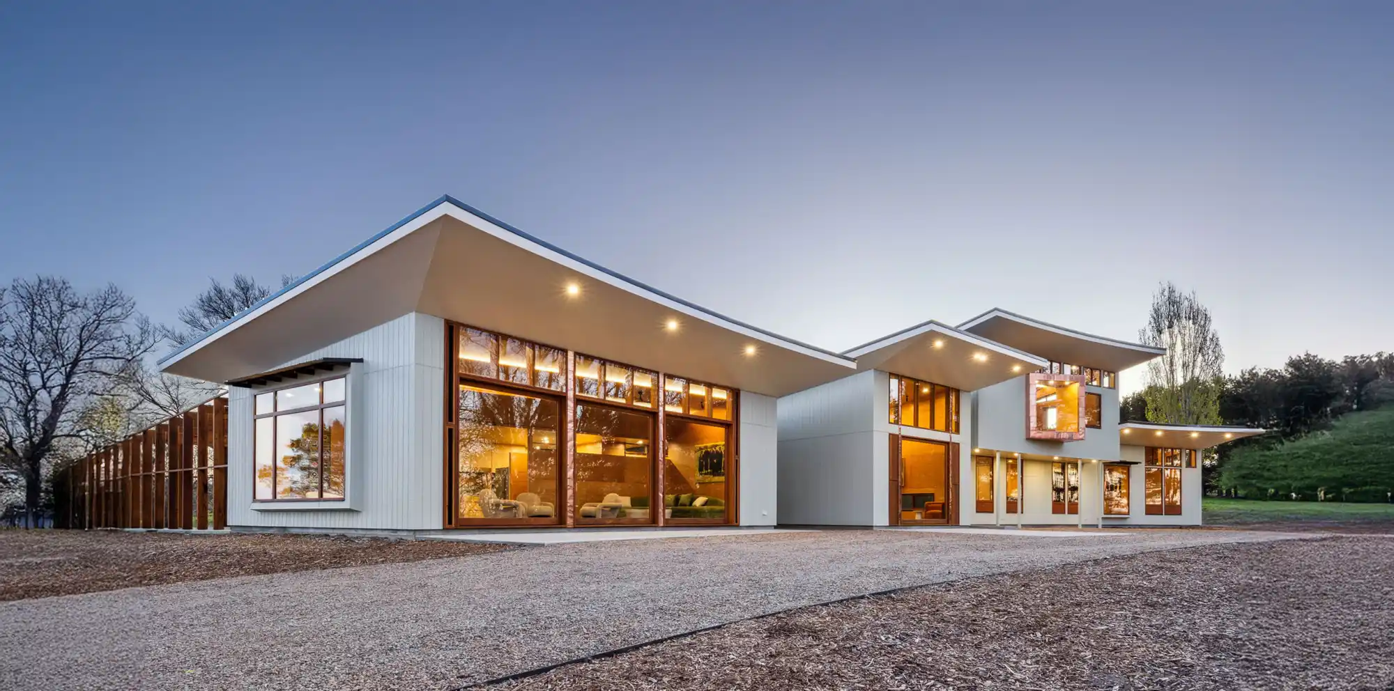 Architectural roofing on Braidwood residence with large roof spans and overhangs
