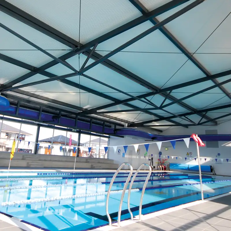 ARCPANEL Aquatek insulated roof panels over an indoor swimming pool
